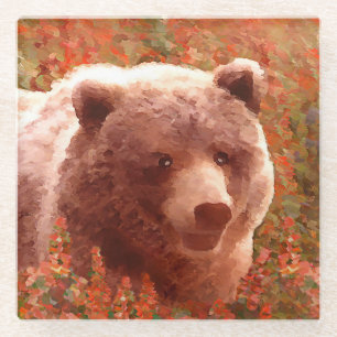 Grizzly Bear Cub in Fireweed Painting Wildlife Art Glass Coaster