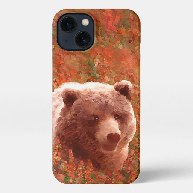 Grizzly Bear Cub in Fireweed Painting Wildlife Art iPhone Case (Back)