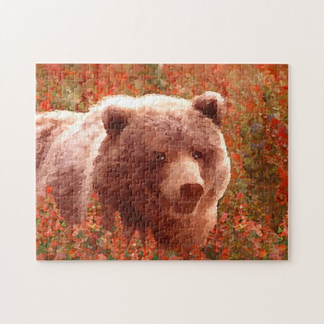Grizzly Bear Cub in Fireweed Painting Wildlife Art Jigsaw Puzzle (Horizontal)