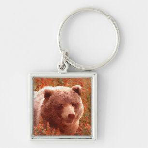 Grizzly Bear Cub in Fireweed Painting Wildlife Art Key Ring