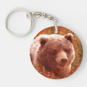 Grizzly Bear Cub in Fireweed Painting Wildlife Art Key Ring