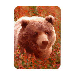 Grizzly Bear Cub in Fireweed Painting Wildlife Art Magnet