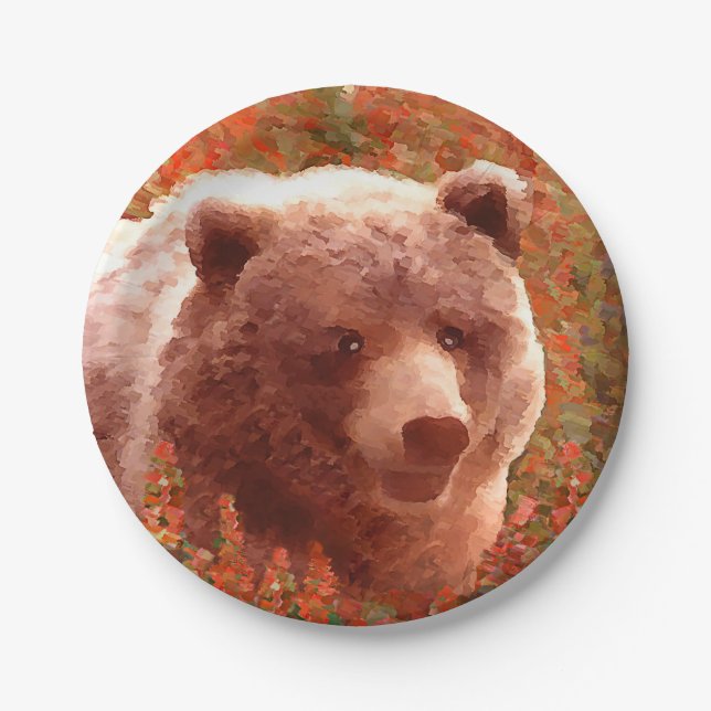 Grizzly Bear Cub in Fireweed Painting Wildlife Art Paper Plate (Front)