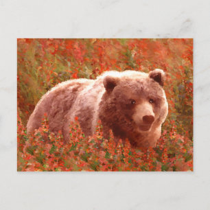 Grizzly Bear Cub in Fireweed Painting Wildlife Art Postcard