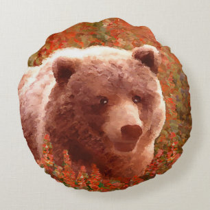 Grizzly Bear Cub in Fireweed Painting Wildlife Art Round Cushion