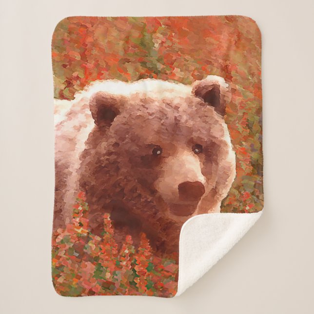 Grizzly Bear Cub in Fireweed Painting Wildlife Art Sherpa Blanket (Front)