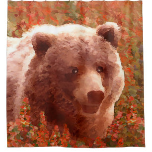 Grizzly Bear Cub in Fireweed Painting Wildlife Art Shower Curtain