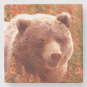Grizzly Bear Cub in Fireweed Painting Wildlife Art Stone Coaster