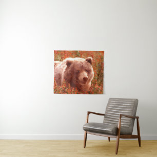 Grizzly Bear Cub in Fireweed Painting Wildlife Art Tapestry
