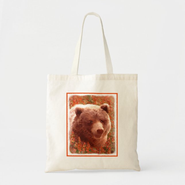 Grizzly Bear Cub in Fireweed Painting Wildlife Art Tote Bag (Front)