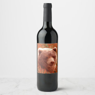 Grizzly Bear Cub in Fireweed Painting Wildlife Art Wine Label