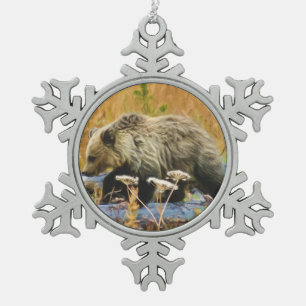 Grizzly Bear Cub Snowflake Pewter Christmas Ornament