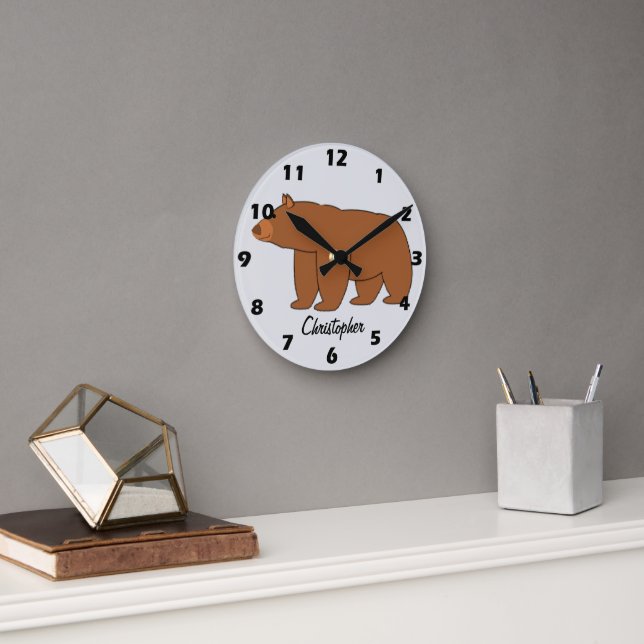 Grizzly Bear Design Any Colour Background Round Clock (Office)