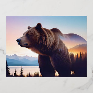 Grizzly Bear Double Exposure Animal Nature Outdoor Foil Holiday Postcard