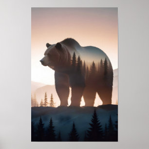 Grizzly Bear Double Exposure Animal Nature Outdoor Poster
