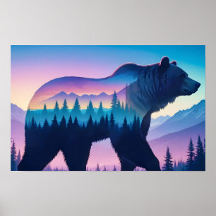 Grizzly Bear Double Exposure Animal Nature Outdoor Poster