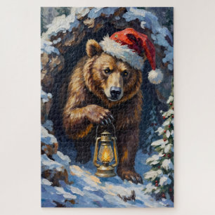 Grizzly Bear Emerging from Christmas Slumber Hat Jigsaw Puzzle