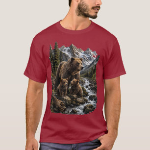 Grizzly Bear Family Mountain Stream Wildlife Art T-Shirt