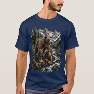 Grizzly Bear Family Mountain Stream Wildlife Art T-Shirt