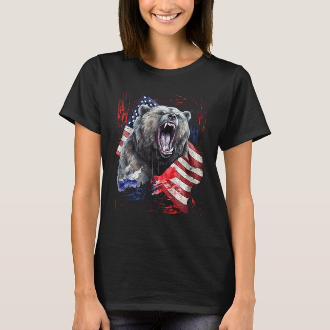 Grizzly Bear Grunge American Flag 4th Of July Patr T-Shirt (Front)
