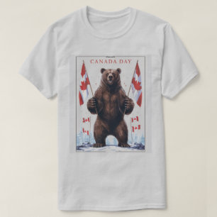 Grizzly Bear Holding Canadian Flags T-Shirt