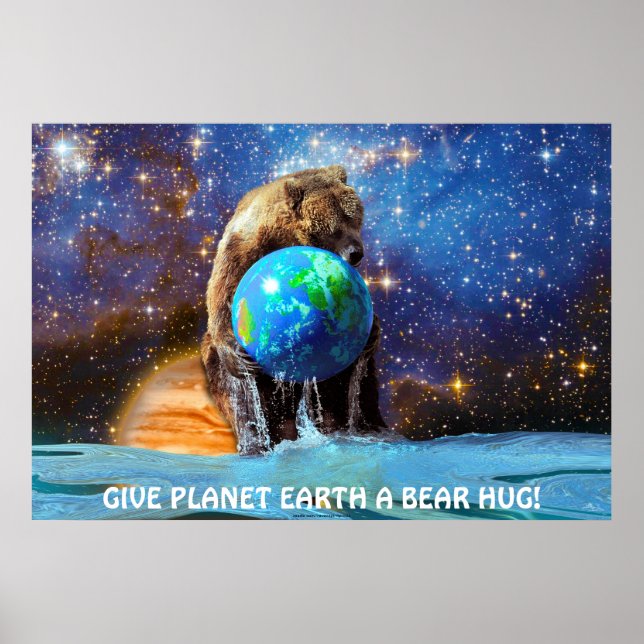 Grizzly Bear Holding Planet Earth Art Poster (Front)