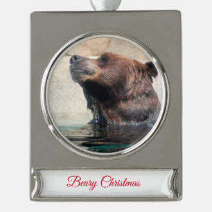 Grizzly Bear in The Water Silver Plated Banner Ornament