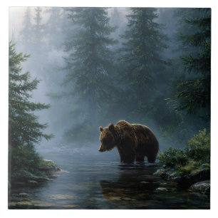 Grizzly Bear Misty Forest Ceramic Tile