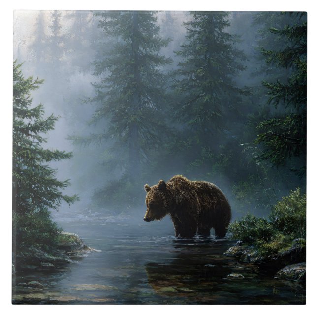 Grizzly Bear Misty Forest Ceramic Tile (Front)