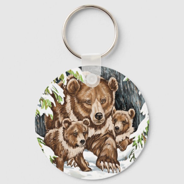 Grizzly Bear Mother and Cubs in Winter Key Ring (Front)