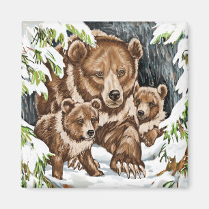 Grizzly Bear Mother and Cubs in Winter Magnet