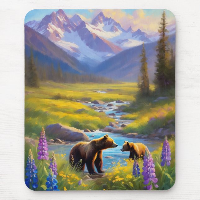 Grizzly Bear Mountain Meadow Wildflowers Painting Mouse Pad (Front)