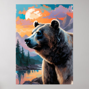 Grizzly Bear Mountain Sunset Watercolor Art Print