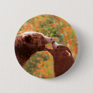 Grizzly Bear Mum and Cub Painting - Wildlife Art 6 Cm Round Badge