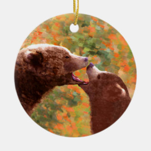 Grizzly Bear Mum and Cub Painting - Wildlife Art Ceramic Ornament