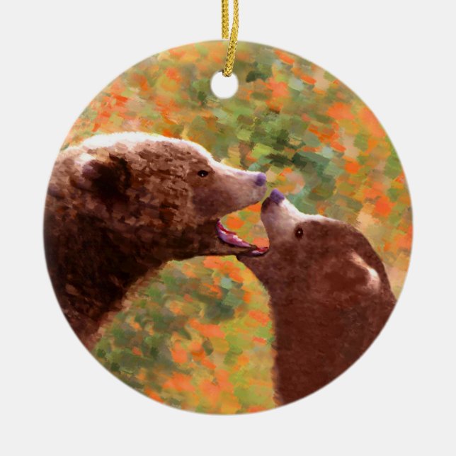 Grizzly Bear Mum and Cub Painting - Wildlife Art Ceramic Ornament (Front)