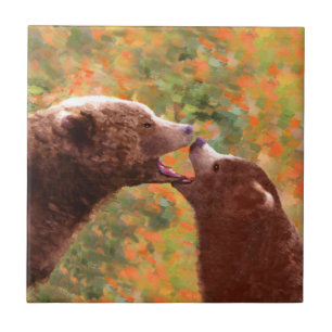 Grizzly Bear Mum and Cub Painting - Wildlife Art Ceramic Tile