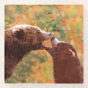 Grizzly Bear Mum and Cub Painting - Wildlife Art Glass Coaster