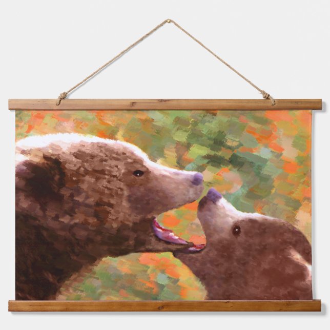 Grizzly Bear Mum and Cub Painting Wildlife Art Hanging Tapestry (Front)