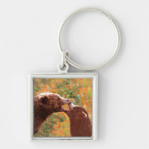 Grizzly Bear Mum and Cub Painting - Wildlife Art Key Ring