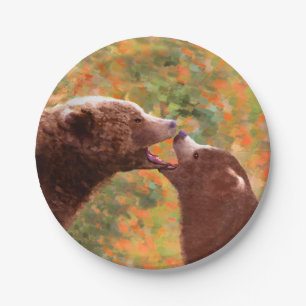 Grizzly Bear Mum and Cub Painting - Wildlife Art Paper Plate