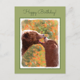 Grizzly Bear Mum and Cub Painting - Wildlife Art Postcard