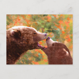 Grizzly Bear Mum and Cub Painting - Wildlife Art Postcard