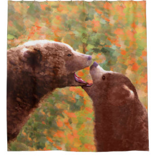 Grizzly Bear Mum and Cub Painting - Wildlife Art Shower Curtain