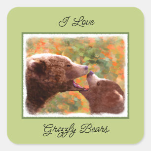 Grizzly Bear Mum and Cub Painting Wildlife Art Square Sticker