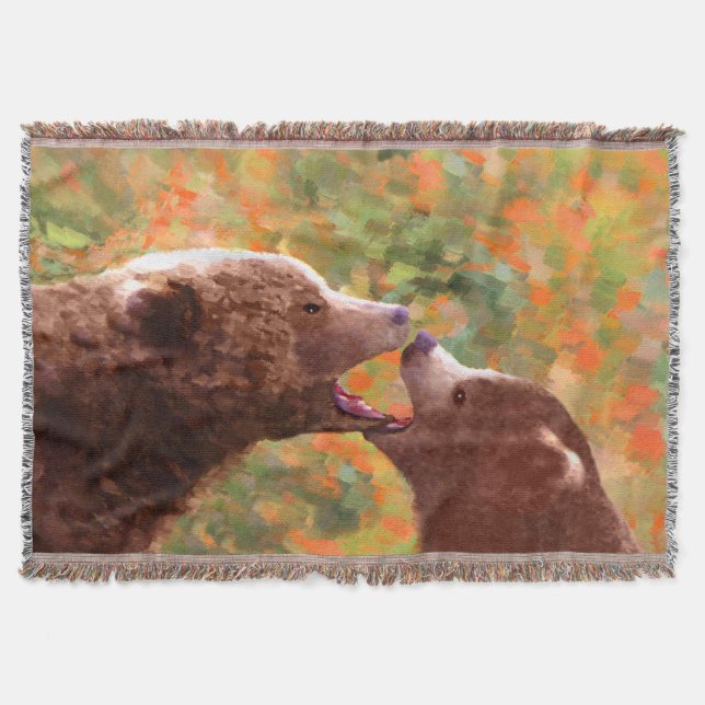 Grizzly Bear Mum and Cub Painting - Wildlife Art Throw Blanket (Front)
