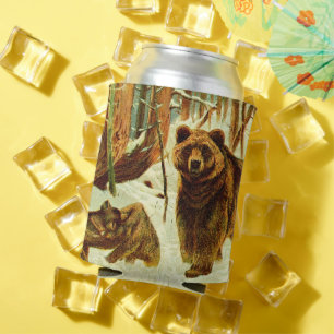 Grizzly Bear mum & cubs animal Wildlife art 1900s Can Cooler