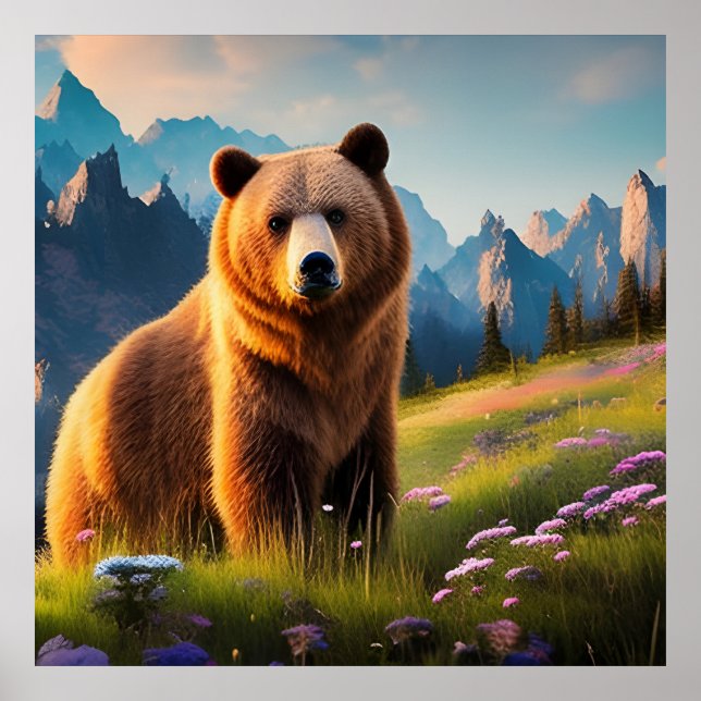 Grizzly Bear on Mountainside in flowers Poster (Front)