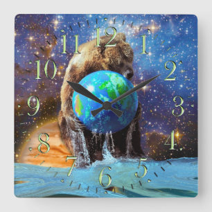 Grizzly Bear &  Planet Earth Fantasy Art Clock