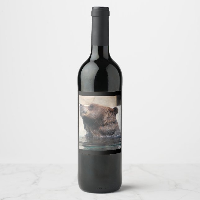 Grizzly Bear Playing in the Water Wine Label (Front)